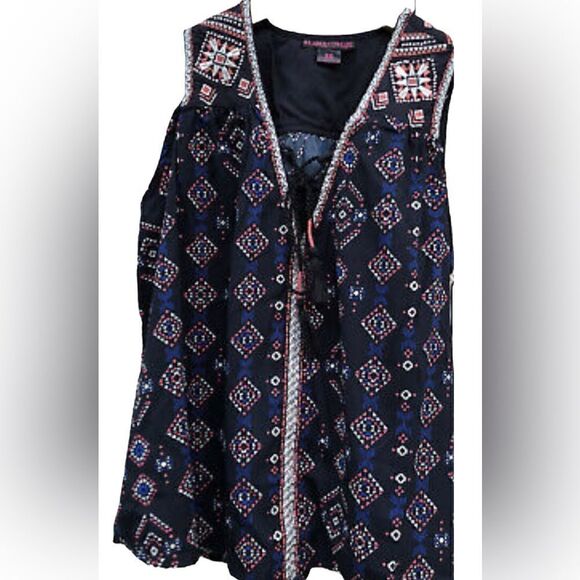 Rock ‘n’ roll cowgirl Embroidered Babydoll Western Peasant Top Navy Aztec print - Picture 1 of 11